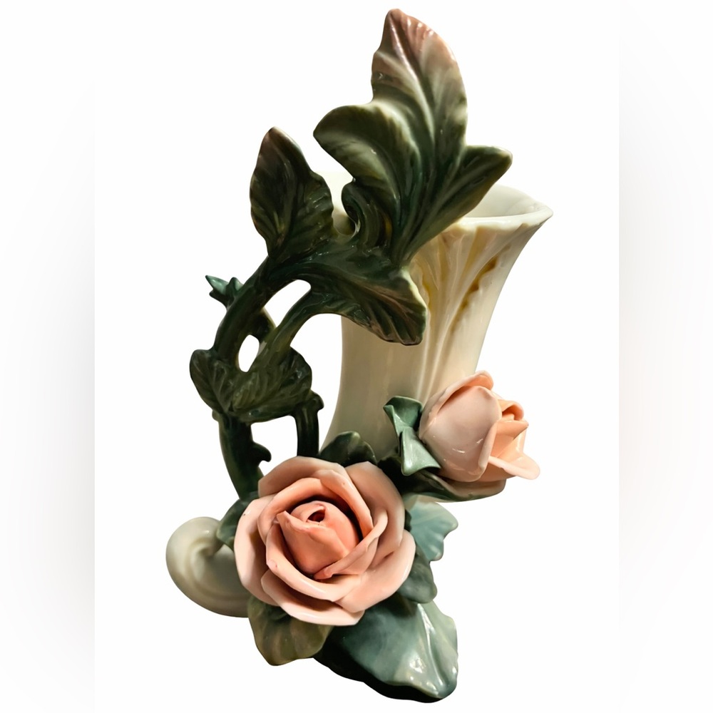 Karl Ens Volkstedt Germany Pink Rose Vase Sculpture Vintage Cottage Core